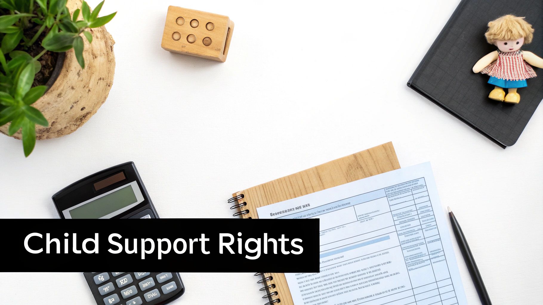 A flat lay of a desk with 'Child Support Rights' text, calculator, documents, pen, plant, and a doll.