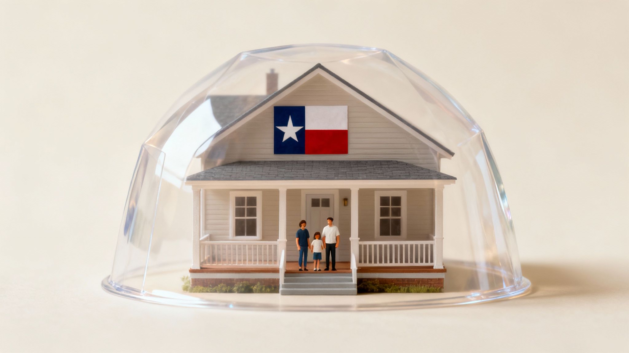 Model house with Texas flag under protective dome, symbolizing Texas homestead laws and homeowner protections.
