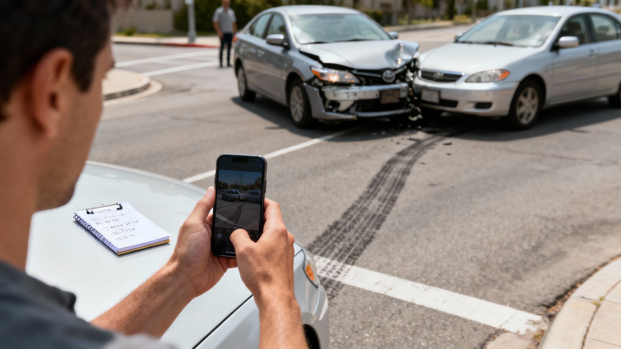 A person taking a photo of car damage with their smartphone.