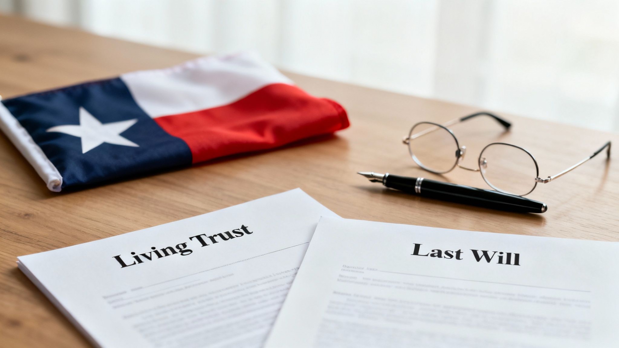 Texas flag with living trust and last will documents on a wooden table, emphasizing estate planning and legal guidance for families.