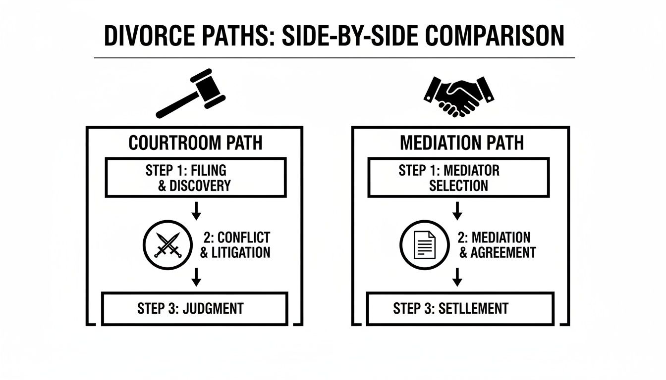 Side-by-side comparison of courtroom divorce path (filing, conflict, judgment) and mediation path (selection, agreement, settlement).