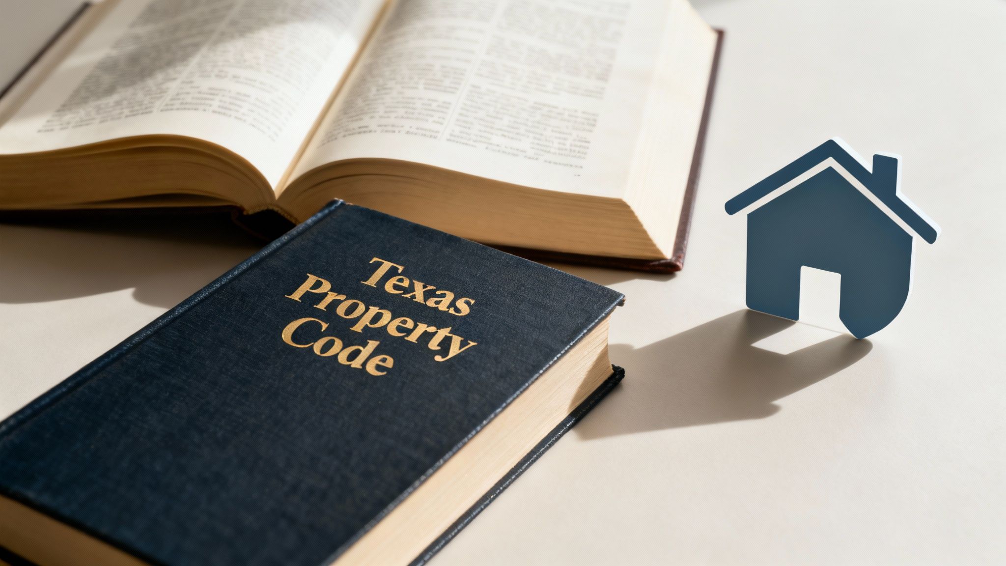 Texas Property Code book and house icon representing tenant rights and legal guidelines for landlords in Texas.