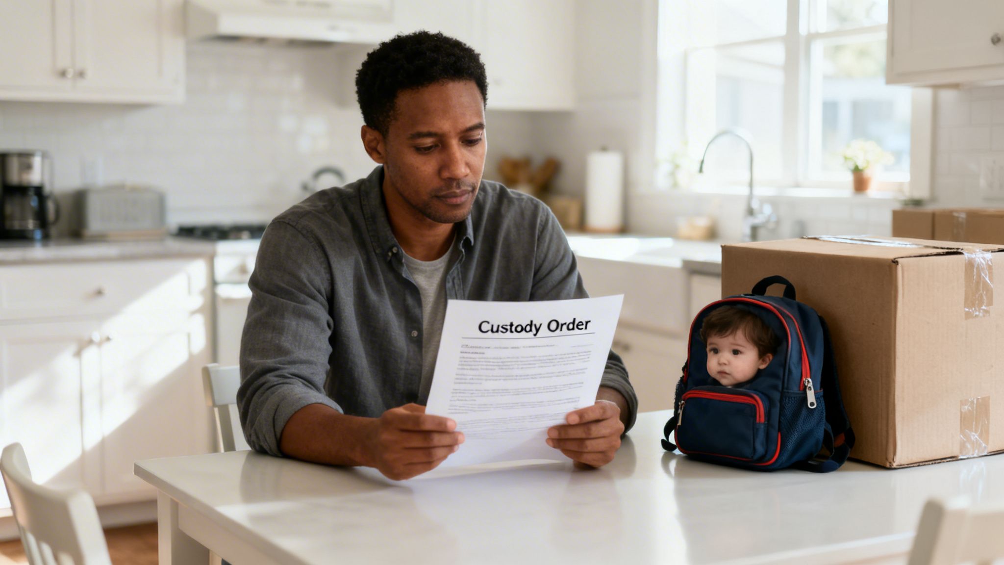 A man reads a 'Custody Order' document at a kitchen table, with a baby peeking from a backpack and moving boxes nearby.