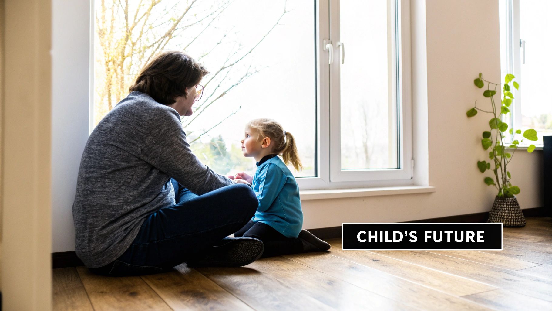 An adult and a young child sit on a wooden floor by a window, looking outside together.