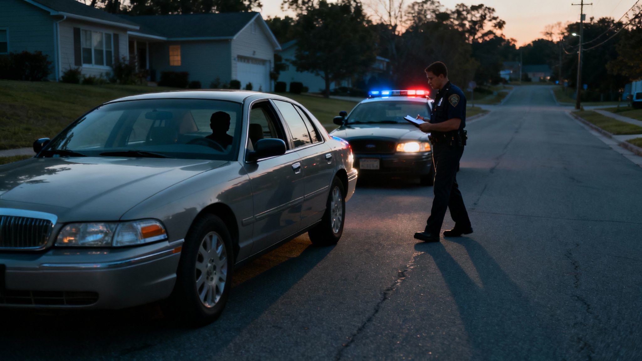 Police car with lights on pulling over a vehicle on the highway at night