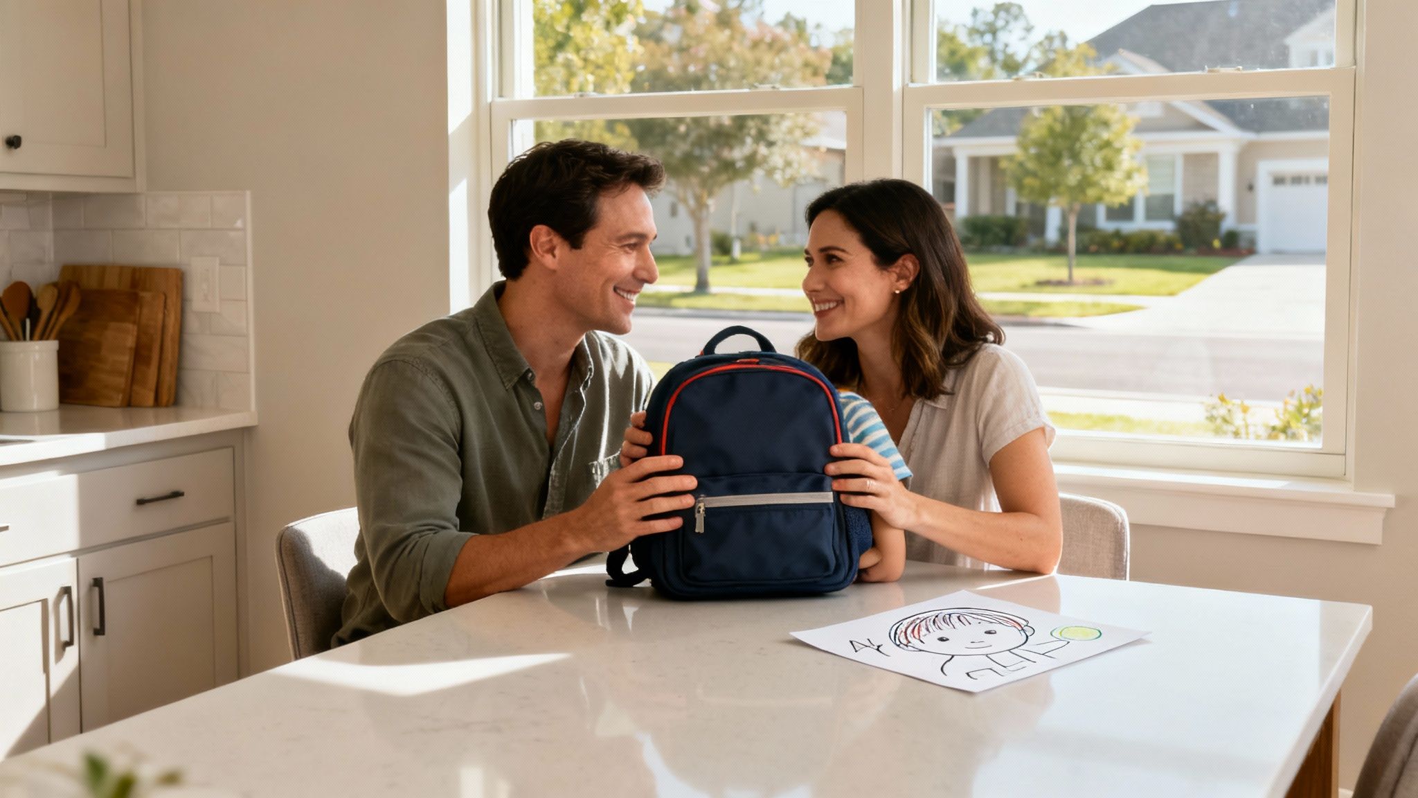 Smiling parents presenting a new backpack to their child at home, a drawing on the table.
