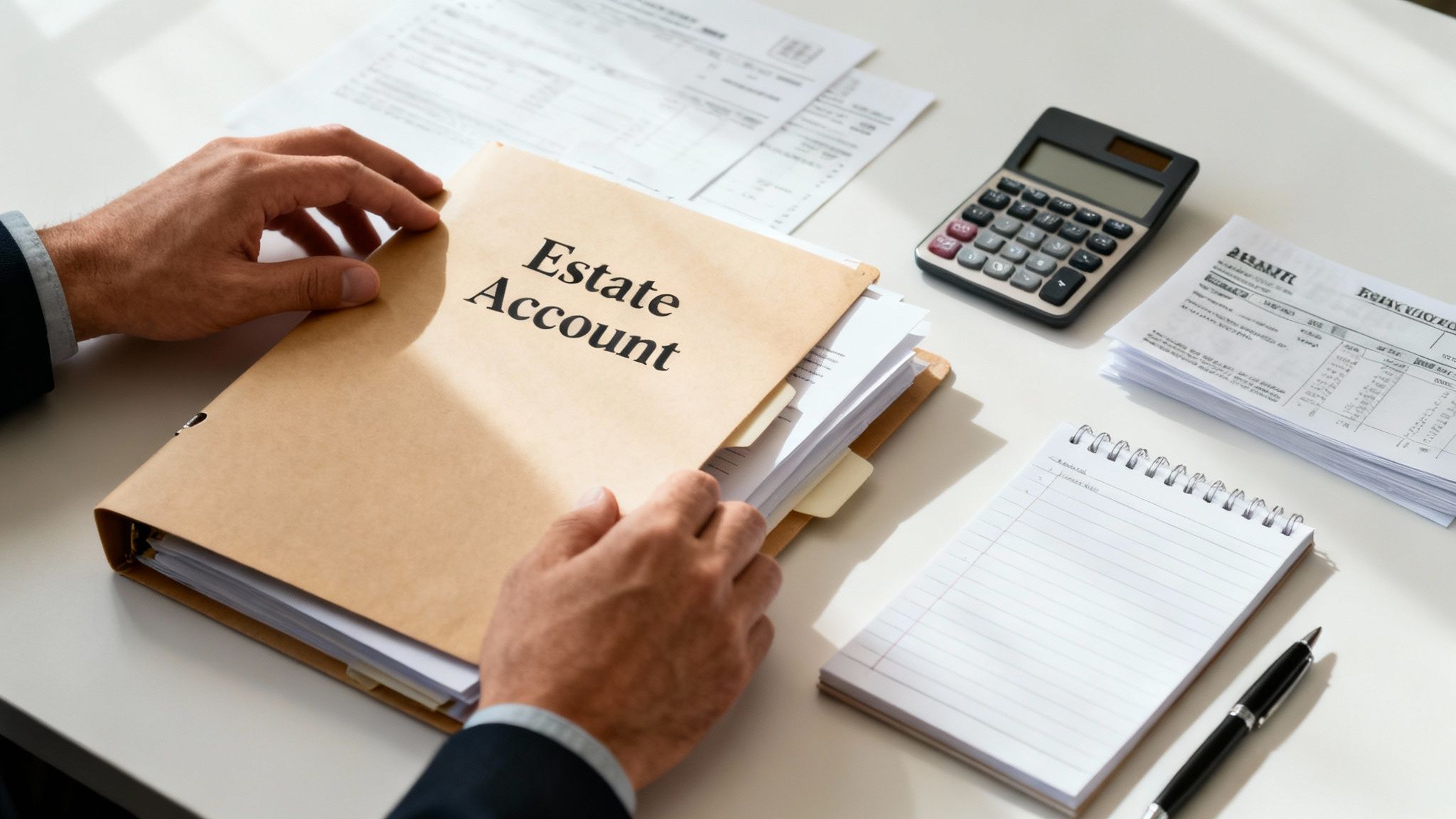 Hands holding an "Estate Account" folder on a desk with financial documents, calculator, and notepad, illustrating executor responsibilities in managing estate finances.
