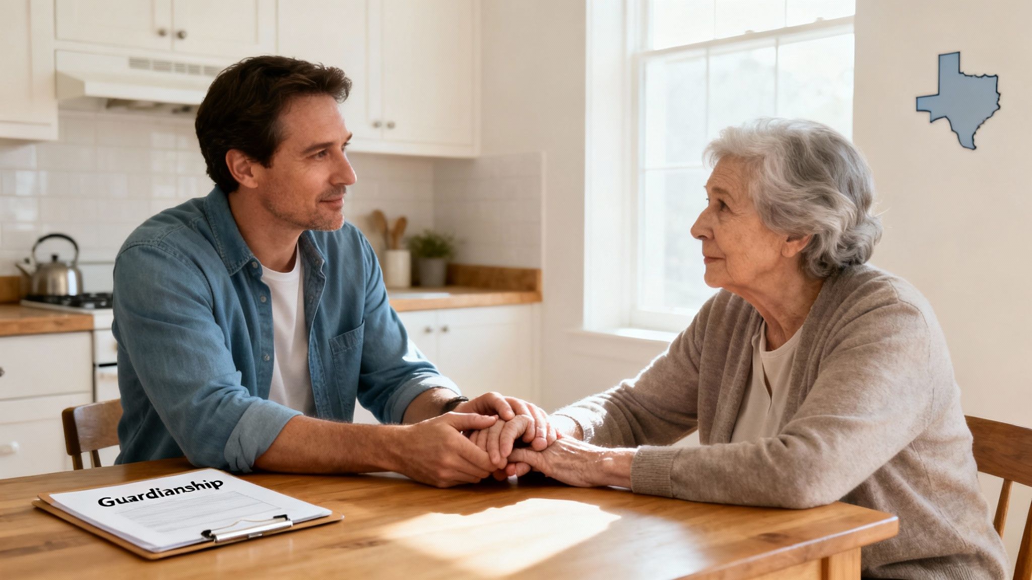 A man holds an elderly woman's hands over a document labeled "Guardianship" at a kitchen table.