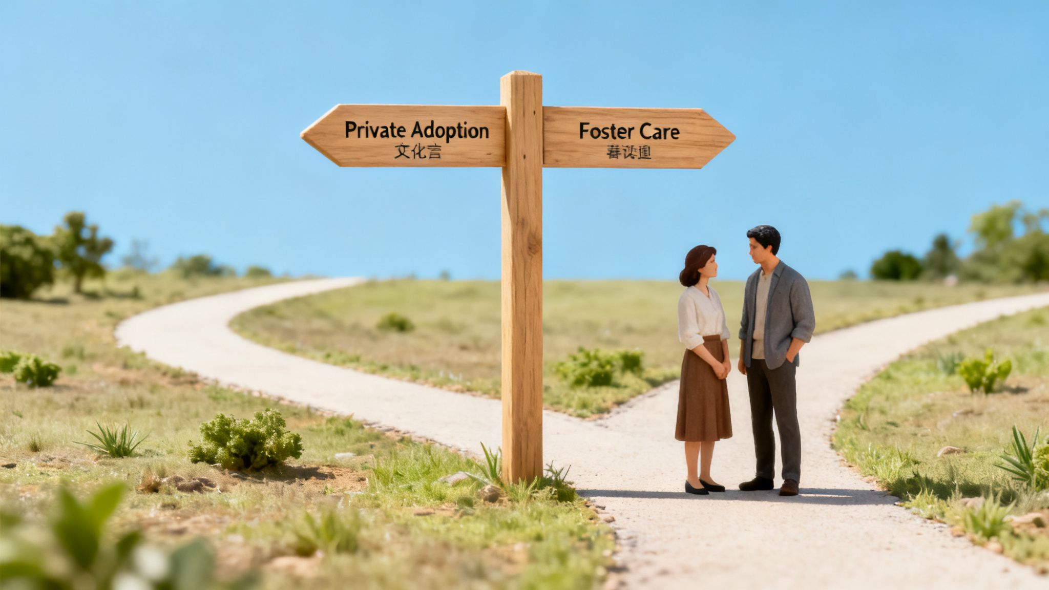 A couple stands at a crossroads signpost pointing to 'Private Adoption' and 'Foster Care'.