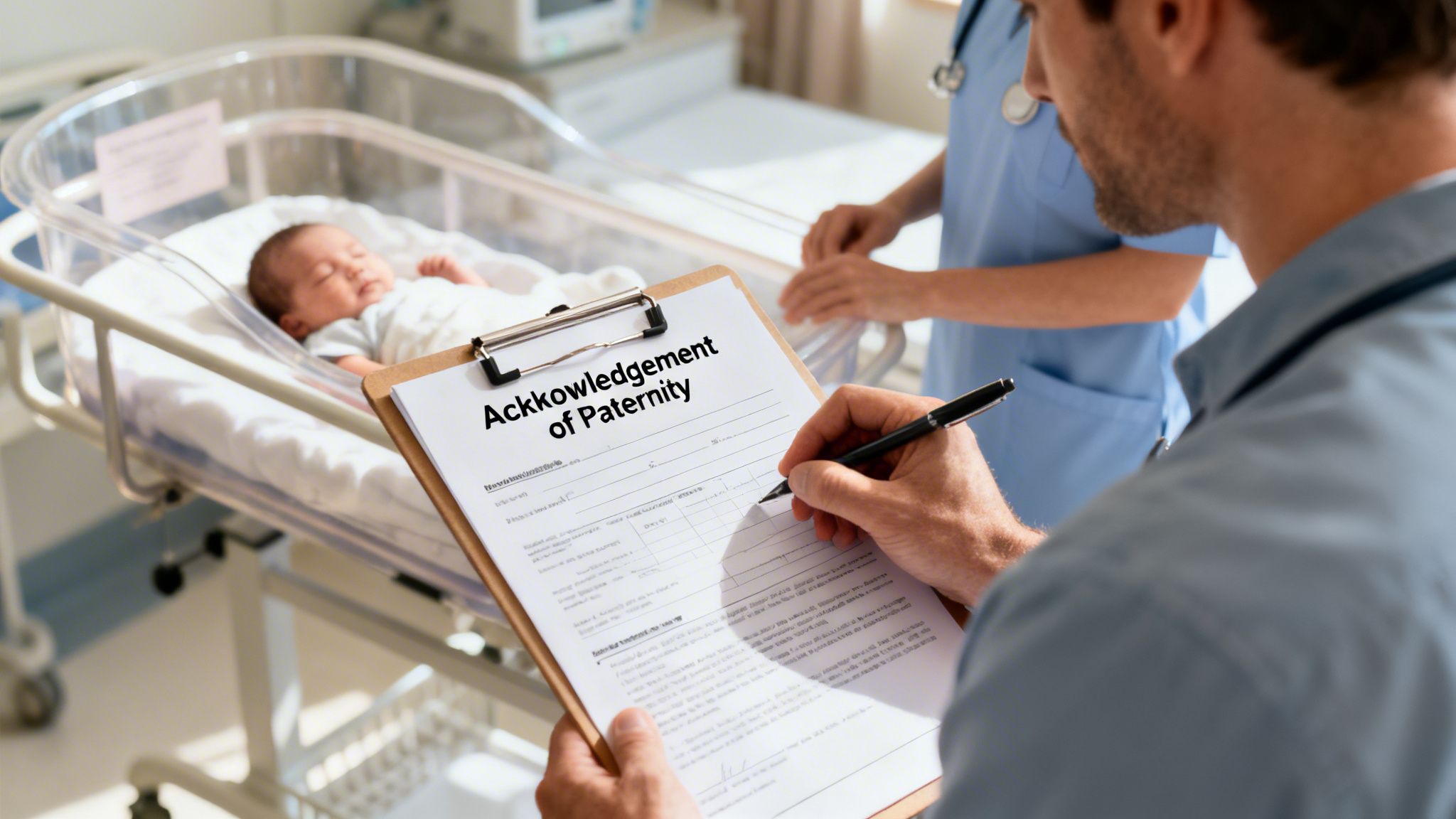 A man fills out an 'Acknowledgement of Paternity' form in a hospital room with a newborn baby.