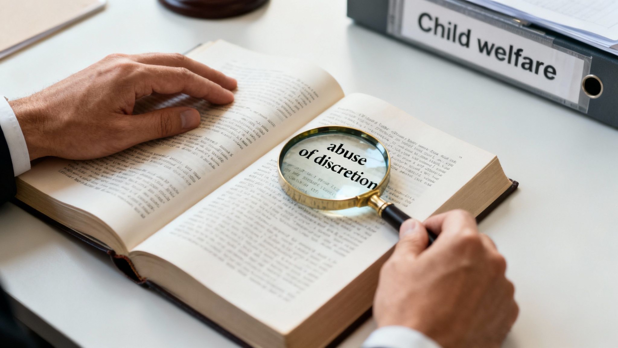 Hands holding a magnifying glass over a book, highlighting "abuse of discretion," with a "Child welfare" folder.
