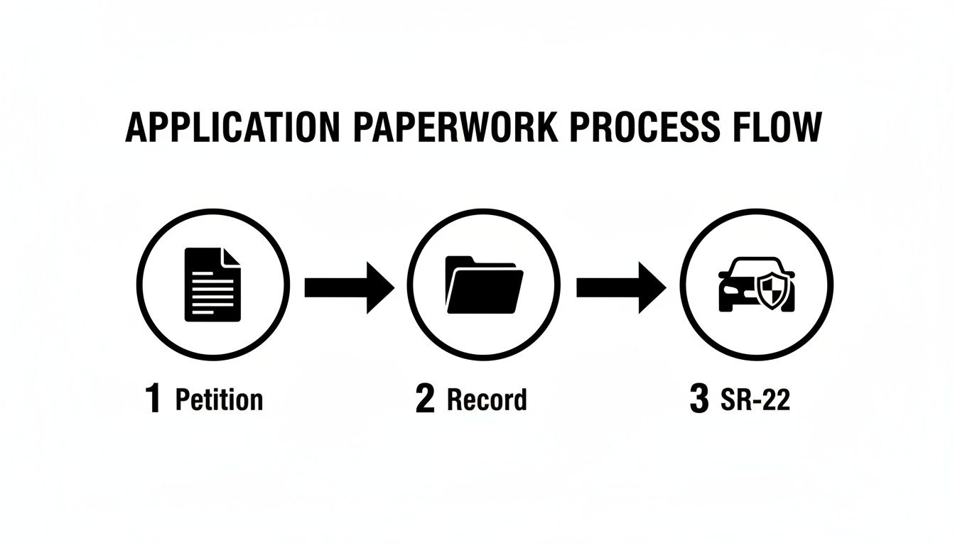 Application paperwork process flow for occupational license: petition, driving record, and SR-22 insurance requirements.