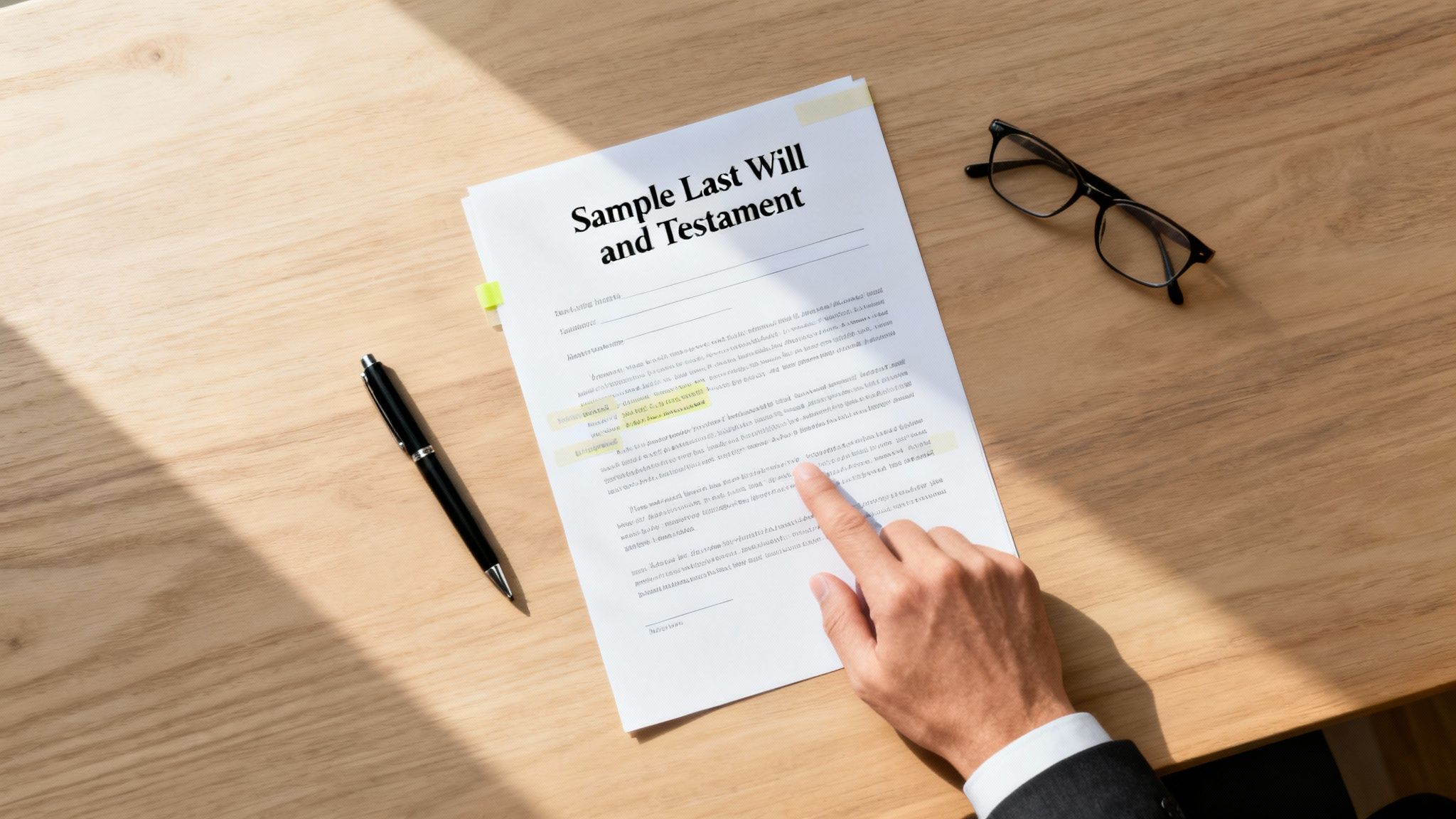 A hand points at a 'Sample Last Will and Testament' document on a wooden desk with a pen and glasses.