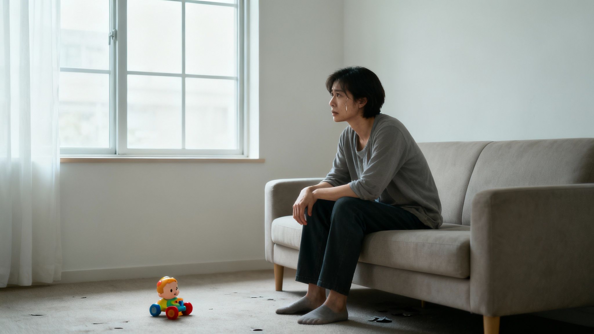 A person sitting on a couch, looking distressed and holding their head in their hands, representing mental anguish.