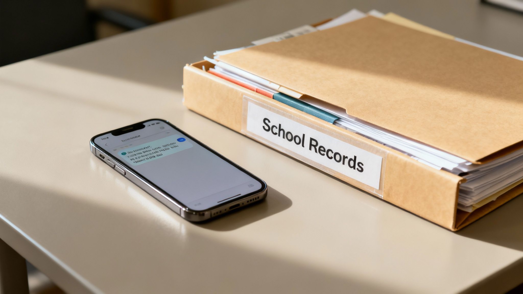 A parent and child looking at legal documents on a table