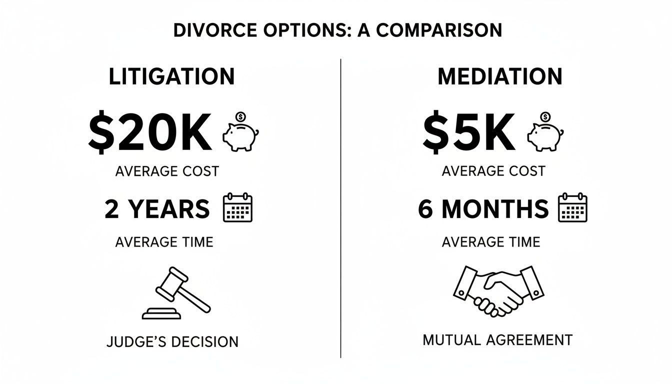 Divorce options comparison chart highlighting litigation costs of $20K and 2 years duration versus mediation costs of $5K and 6 months duration, emphasizing mutual agreement versus judge's decision.