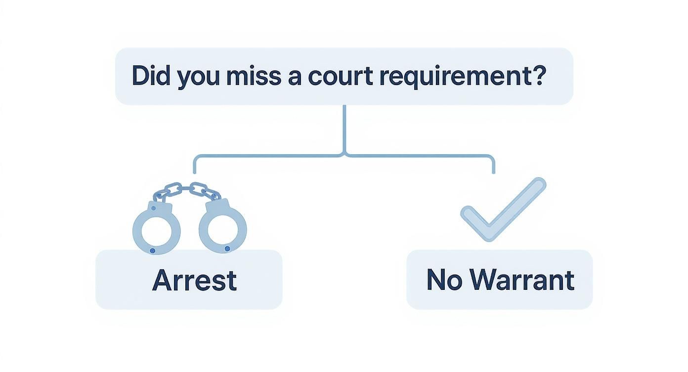 Decision tree illustrating the legal consequences of missing a court requirement: arrest or no warrant.