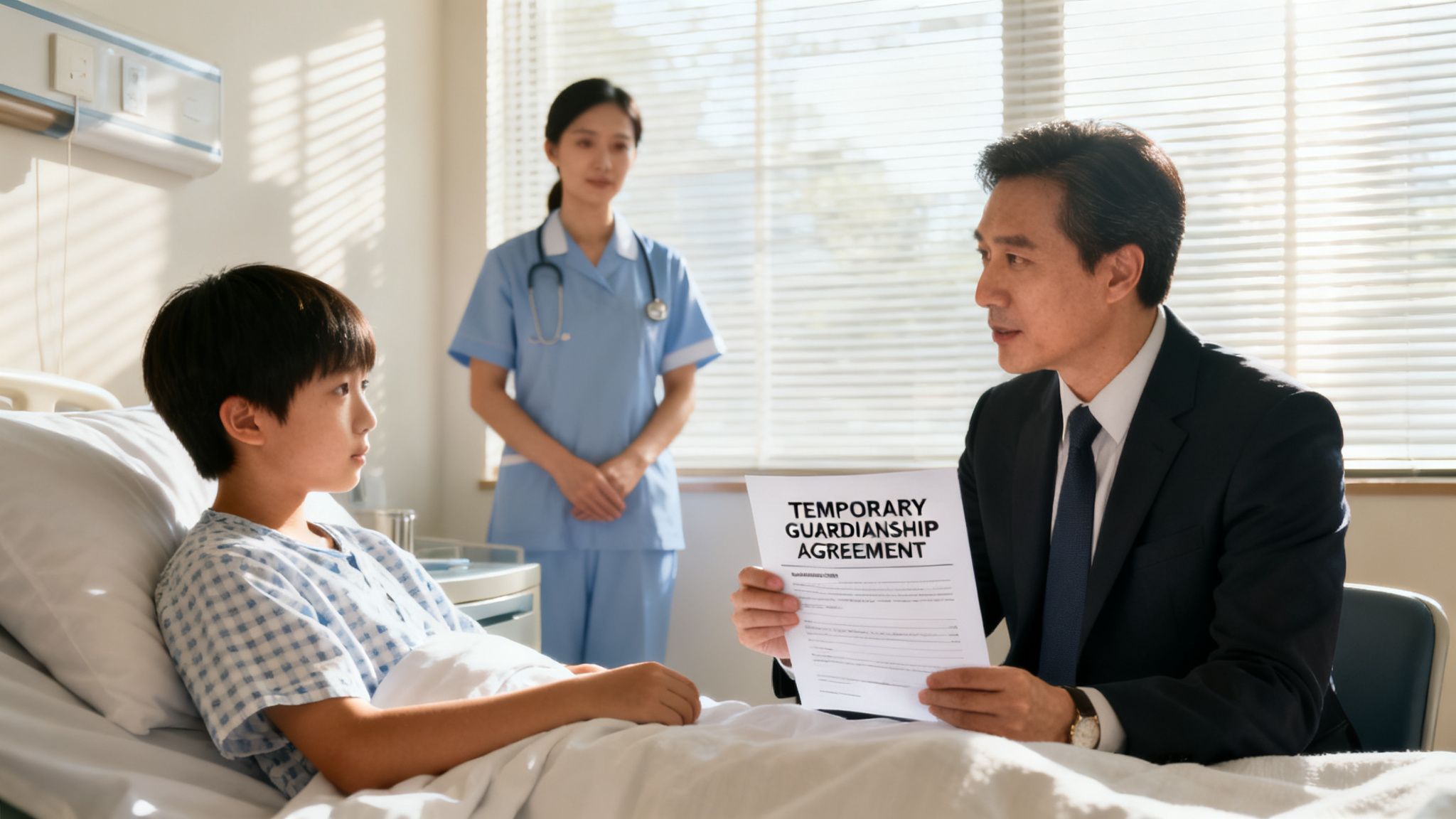 A man in a suit shows a temporary guardianship agreement to a child in a hospital bed with a nurse watching.