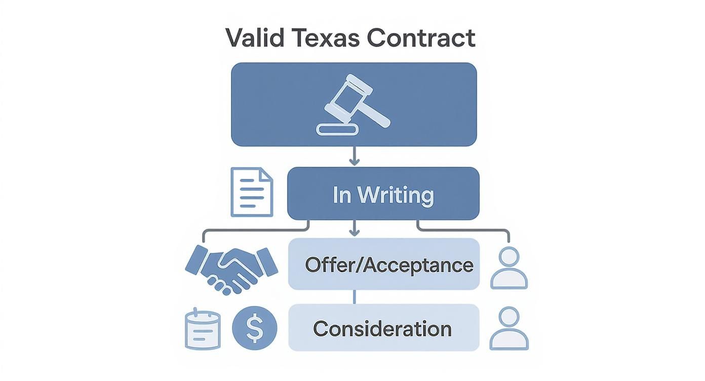Infographic illustrating the components of a valid Texas contract, including sections on "In Writing," "Offer/Acceptance," and "Consideration," with visual elements like a gavel, handshake, and dollar sign, relevant to real estate contracts and tenant rights.