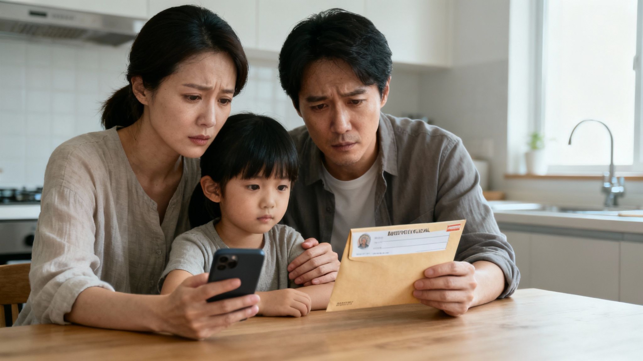 A worried Asian family of three looks at a phone and a serious document envelope.