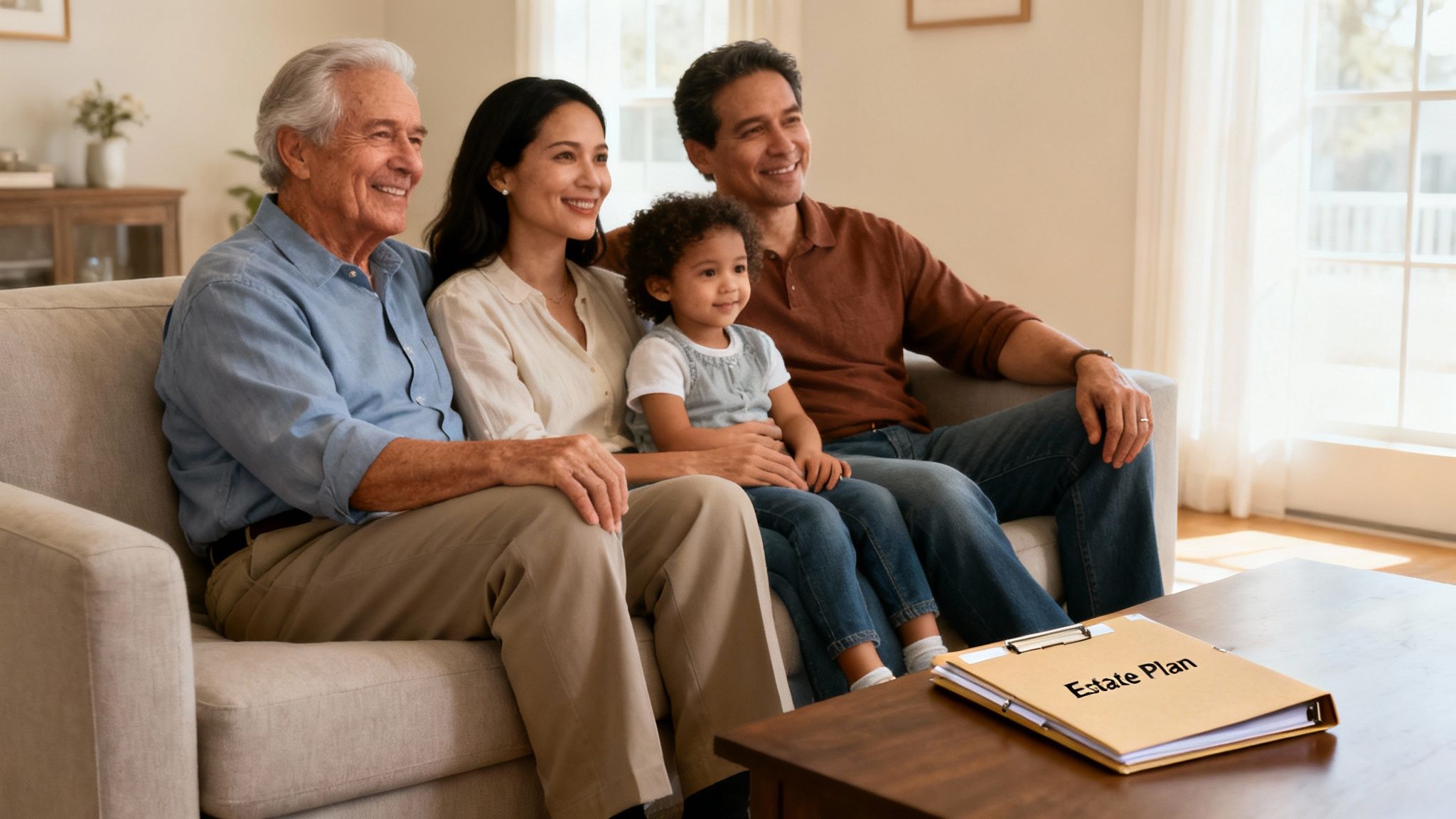Happy multi-generational family on a couch, looking forward, with an 'Estate Plan' folder in the foreground.