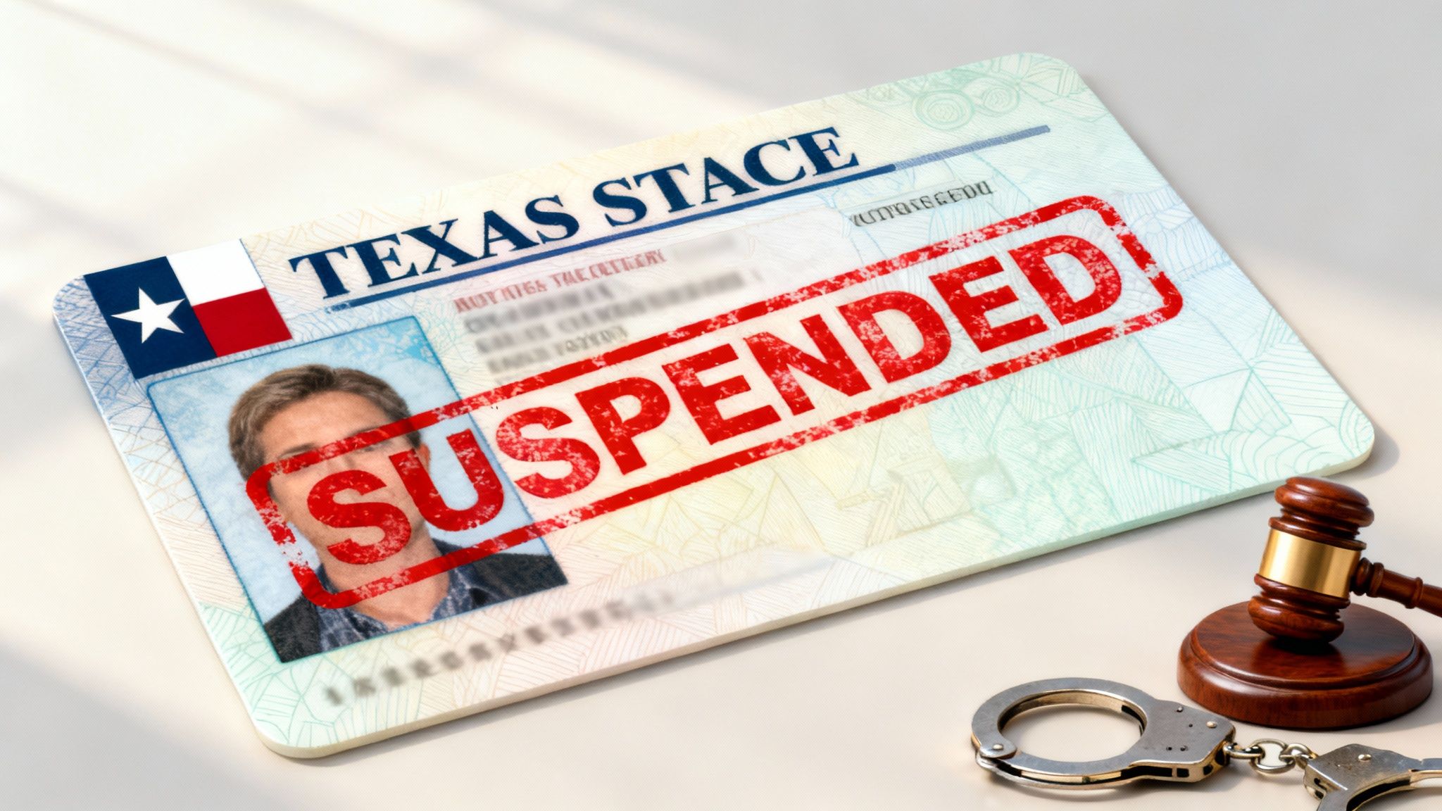 Texas driver's license with "SUSPENDED" stamp, gavel, and handcuffs, symbolizing DWI legal consequences in Texas.