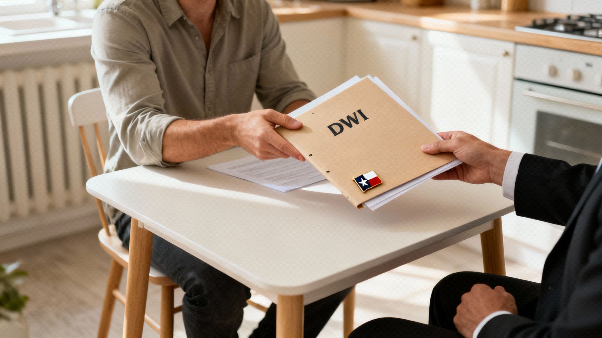 Person handing over a DWI document folder with a Texas flag pin at a table, symbolizing legal consultation for Texas DWI classes and requirements.
