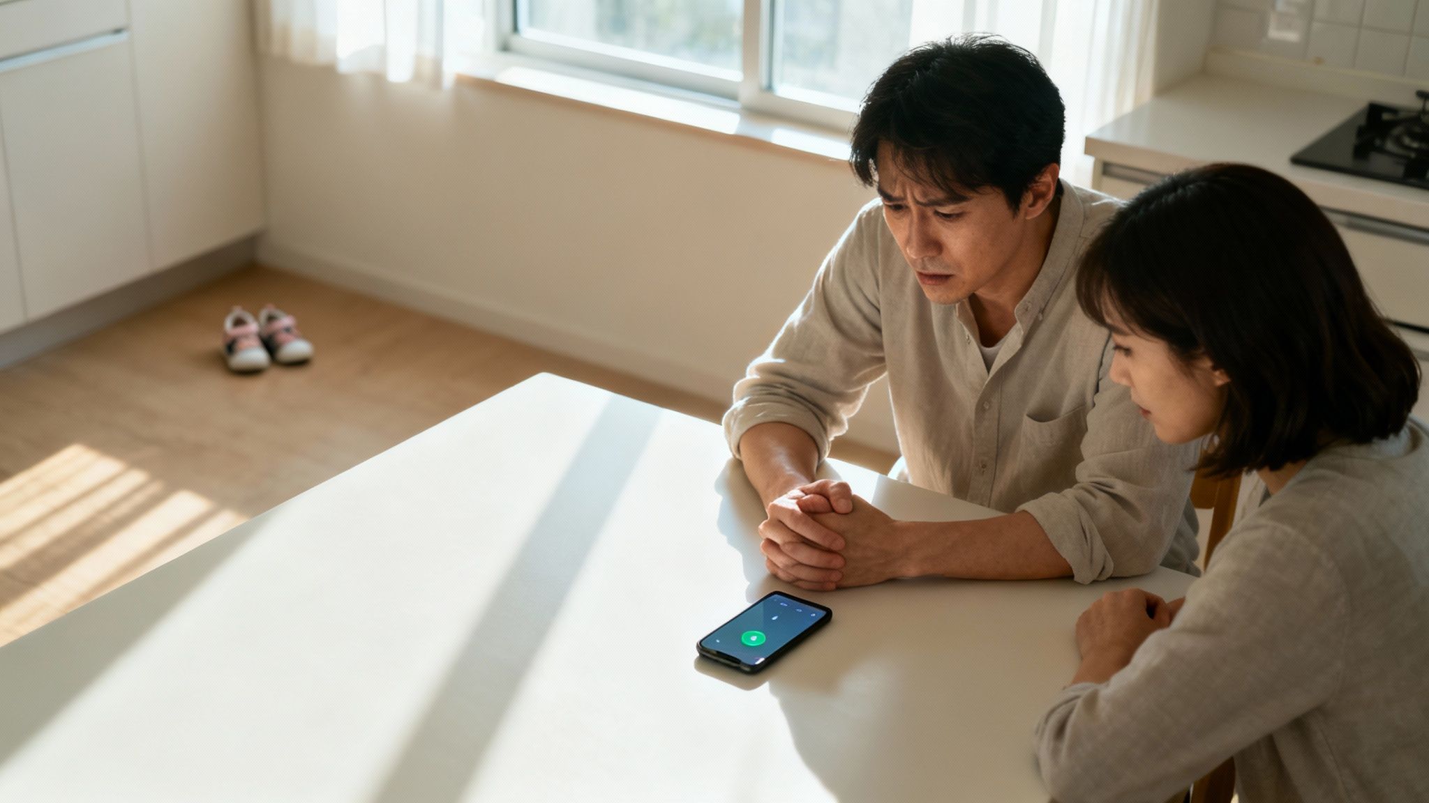 A concerned parent looking at their phone, representing the initial stressful contact from CPS.