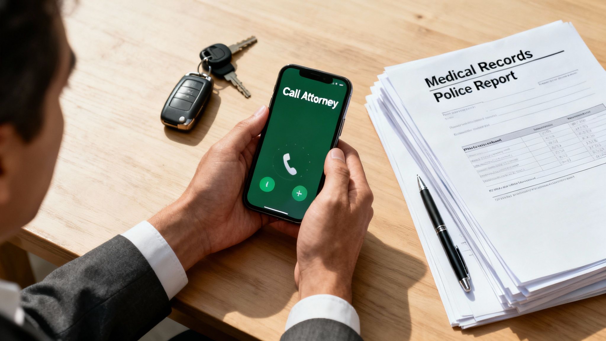 A person is seen holding a smartphone displaying "Call Attorney" next to car keys and legal documents.