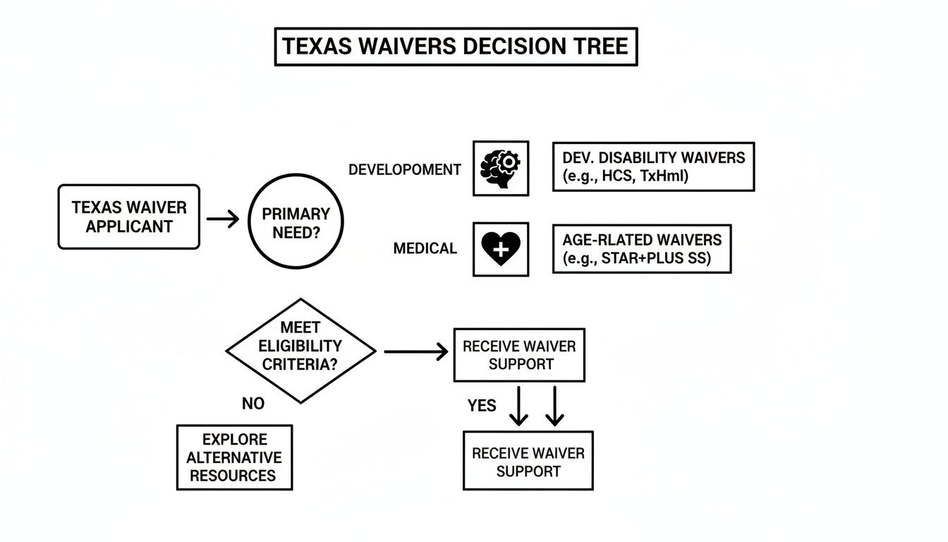 Flowchart illustrating the Texas Waivers decision tree for applicants, detailing paths for developmental and medical needs.
