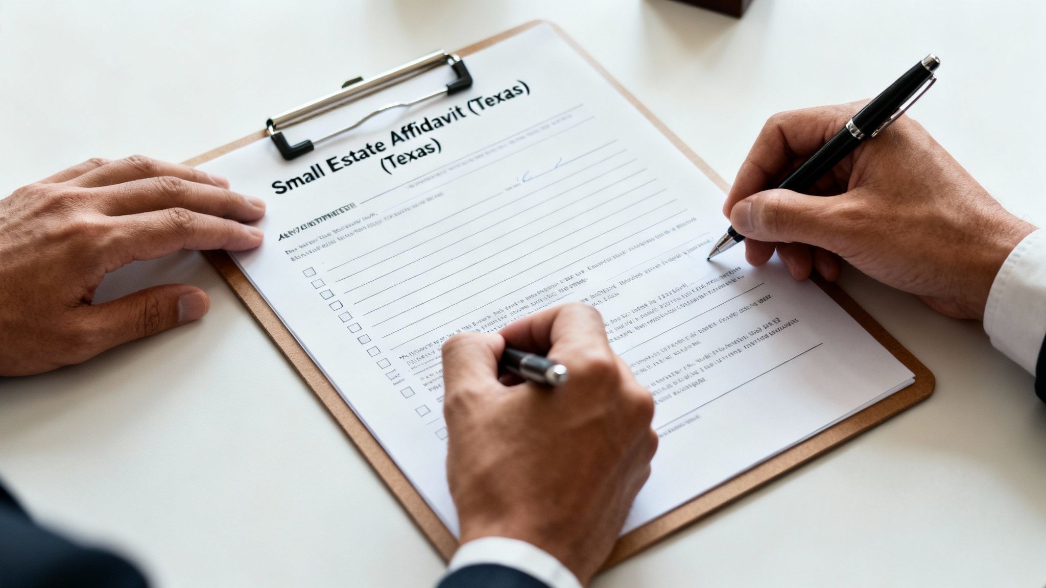 A person's hands filling out a Small Estate Affidavit (Texas) form on a clipboard with a pen.