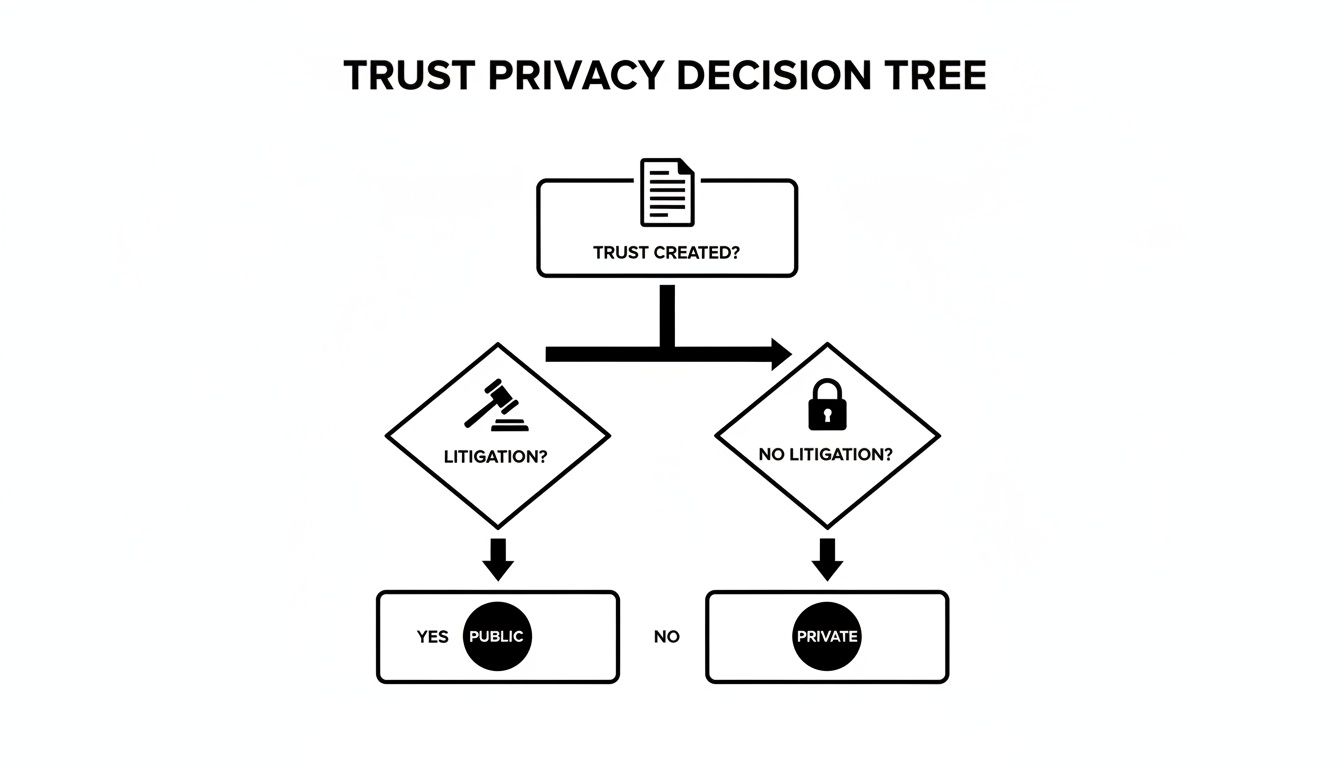 A trust privacy decision tree diagram illustrating whether a trust is public or private based on litigation status.