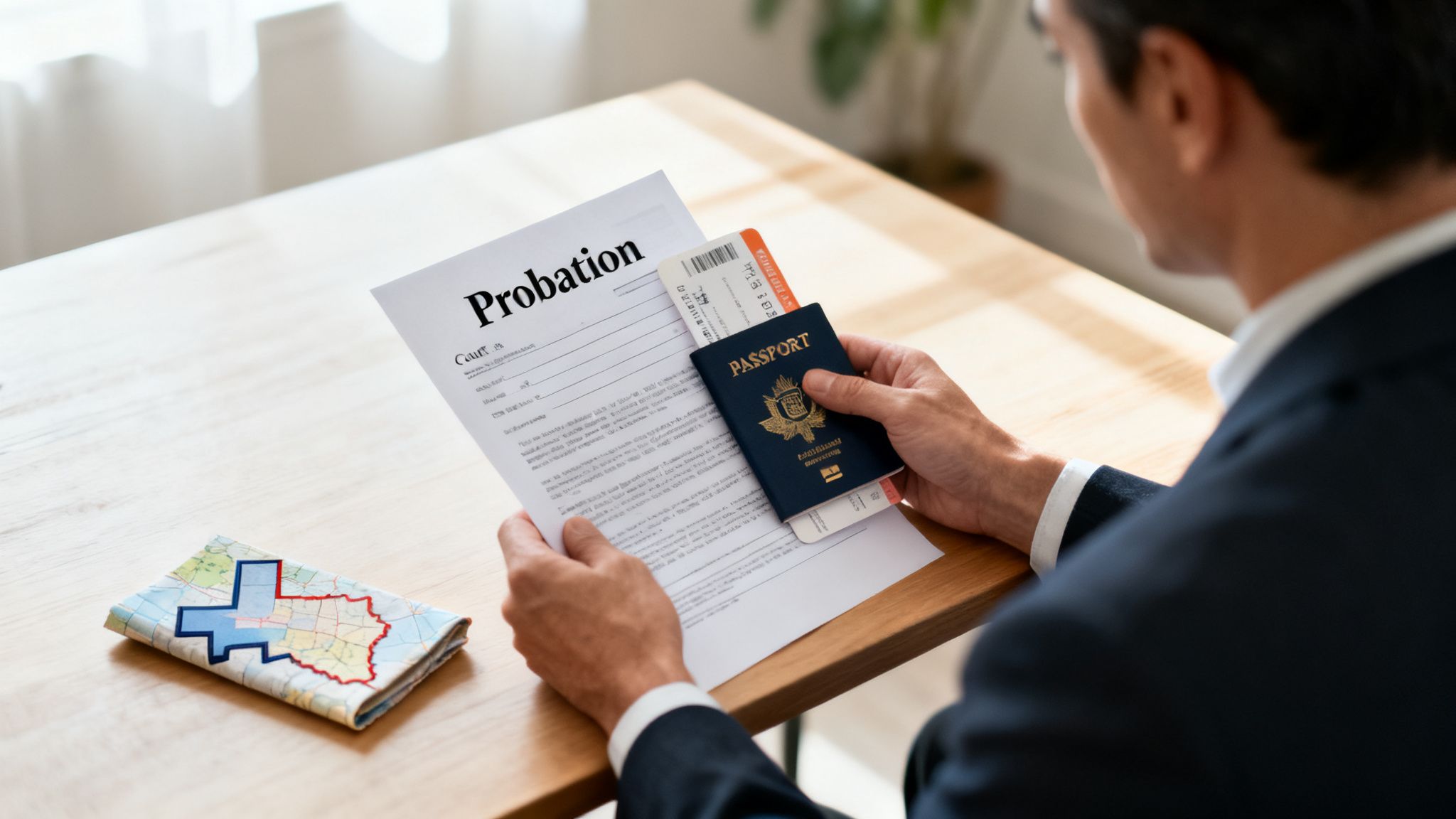 A man holds a 'Probation' document, a passport, and a boarding pass, contemplating travel.