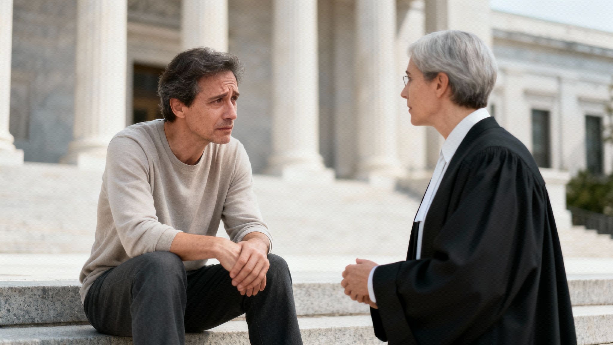 A lawyer in a black robe consults with a serious-looking male client on courthouse steps.