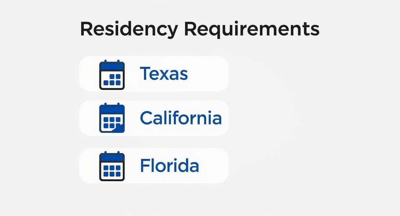 Imagen que detalla los requisitos de residencia para estados como Texas, California y Florida, con íconos de calendario.