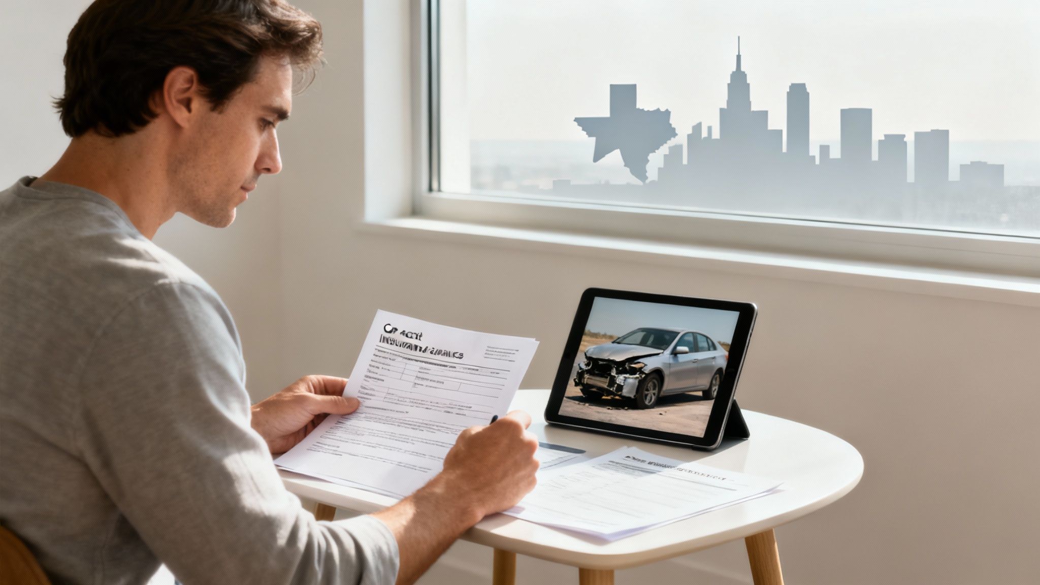 Man reviewing car accident insurance claims documents with damaged vehicle photo on tablet