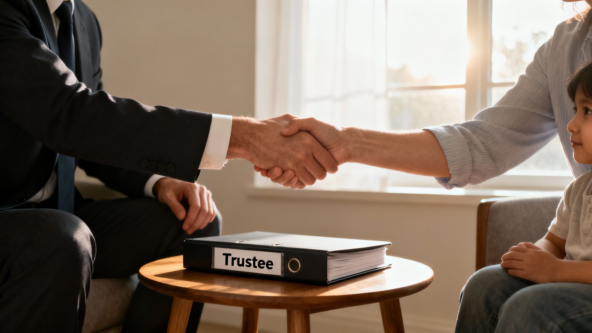 Man in suit shaking hands with a woman, child nearby, 'Trustee' binder on table.