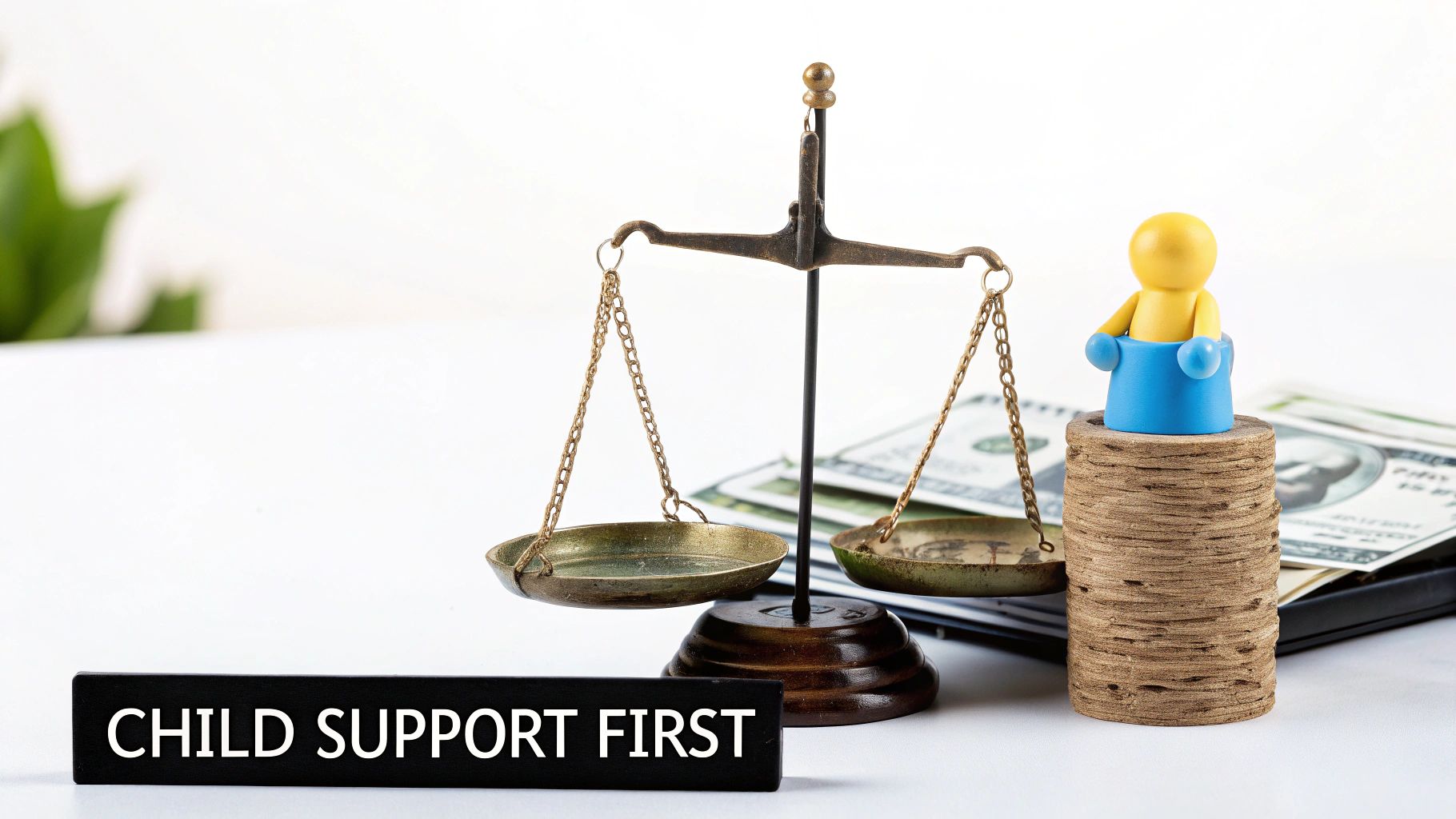 Scale of justice balancing with a child figure, money, and 'CHILD SUPPORT FIRST' text.