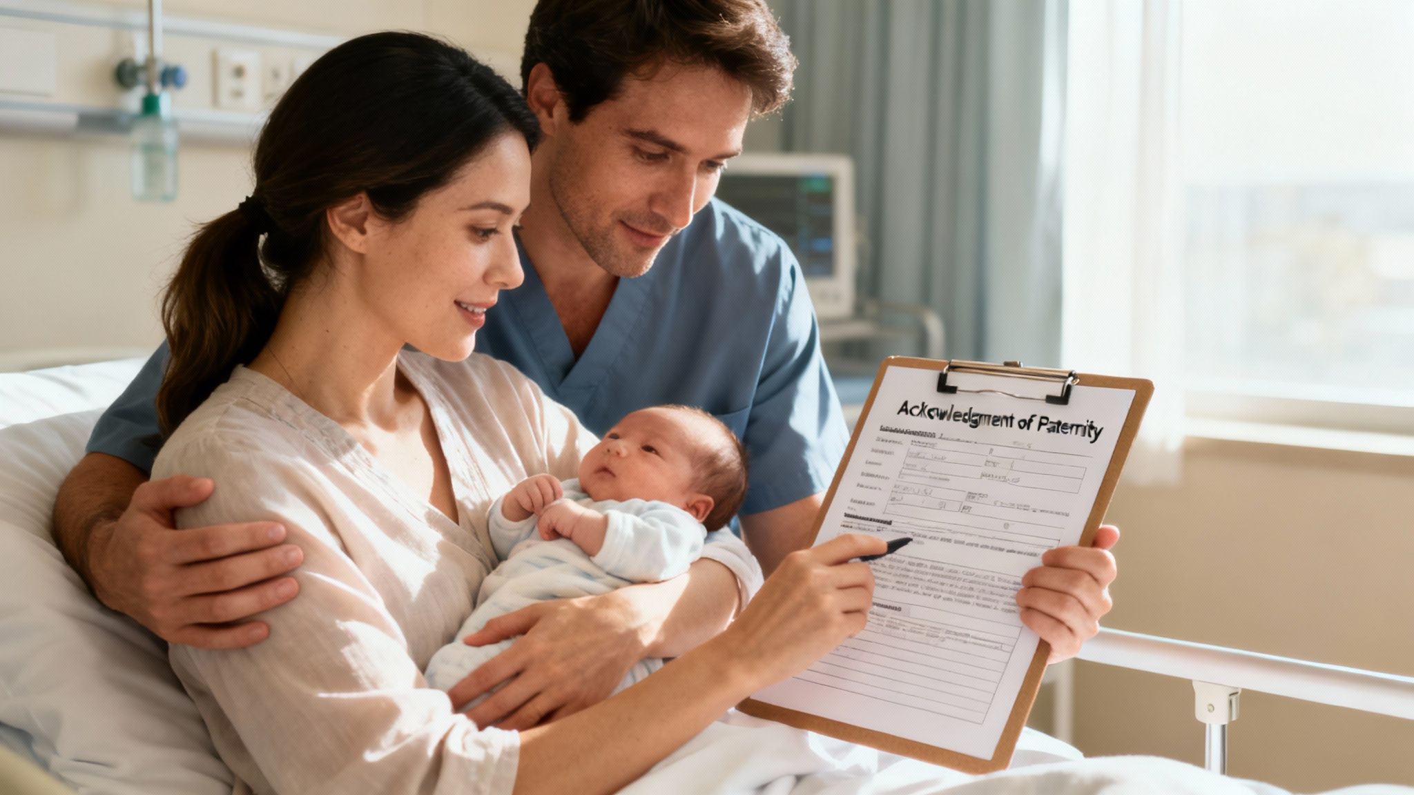 A father holding his newborn child's hand, representing the bond established by an acknowledgment of paternity.