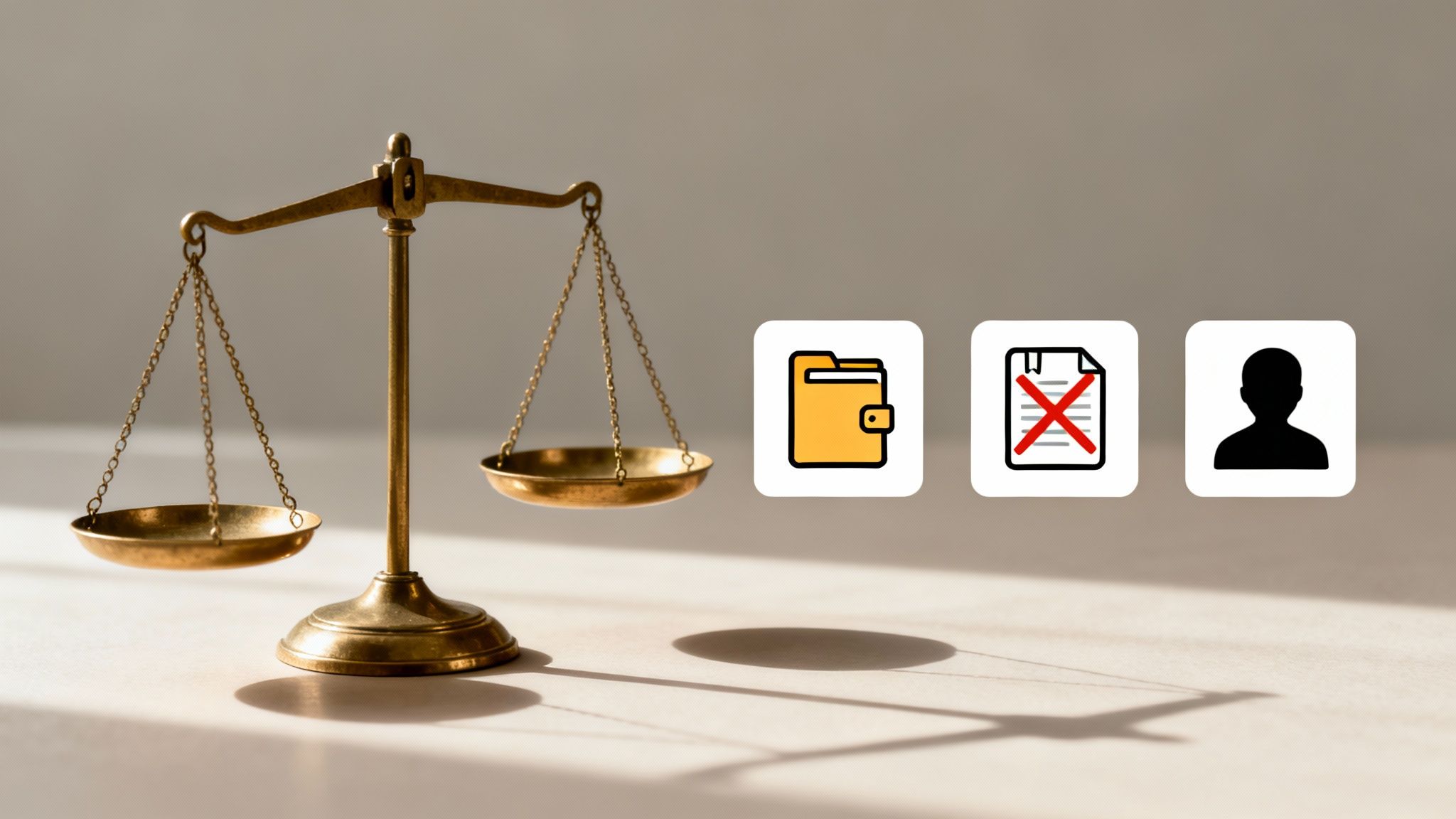 A brass scale of justice with empty pans, next to icons for a wallet, rejected document, and a person.