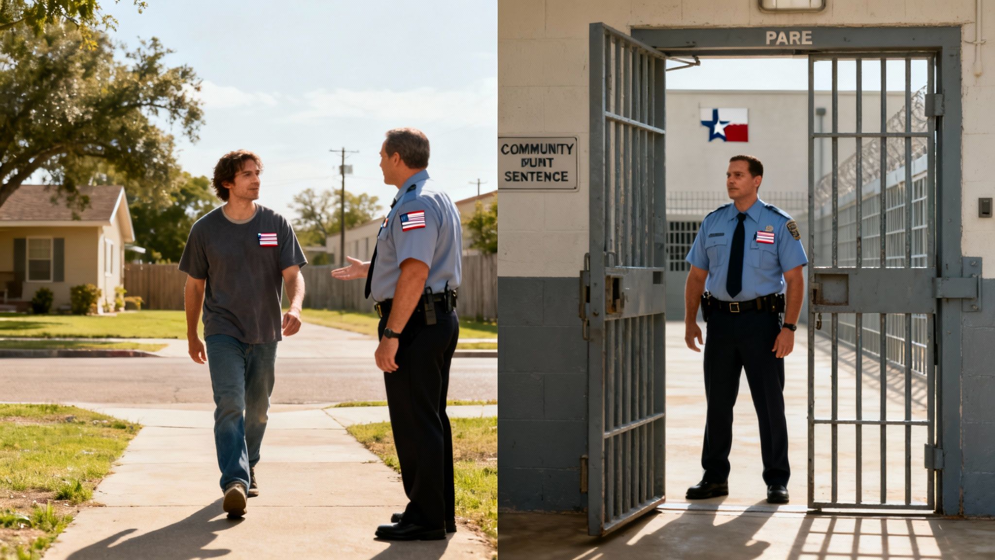 Two split images: a man interacting with an officer outdoors and another officer at a prison gate.