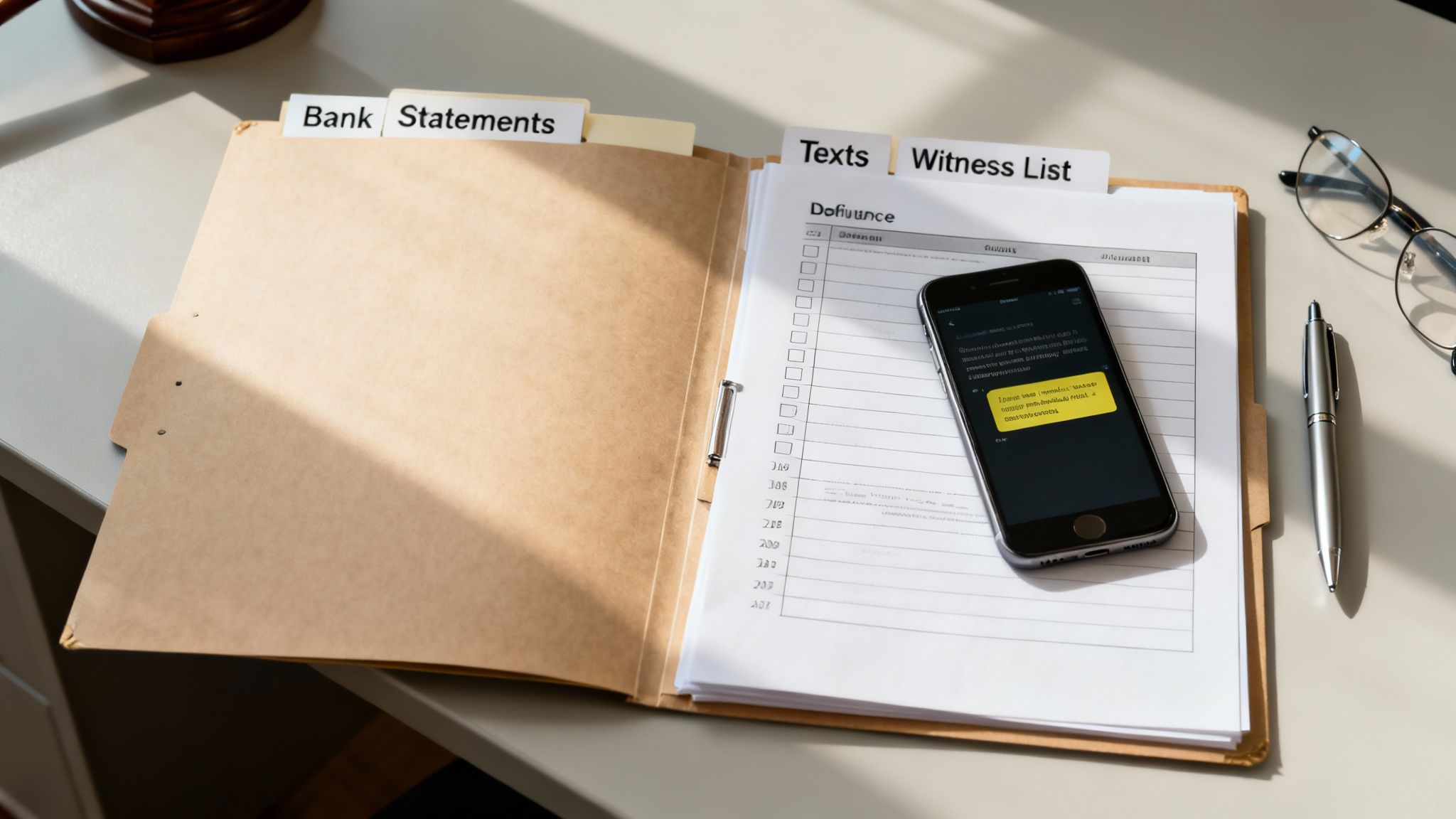 A brown file folder with bank statements, texts, and witness list tabs on a desk with a smartphone and pen.