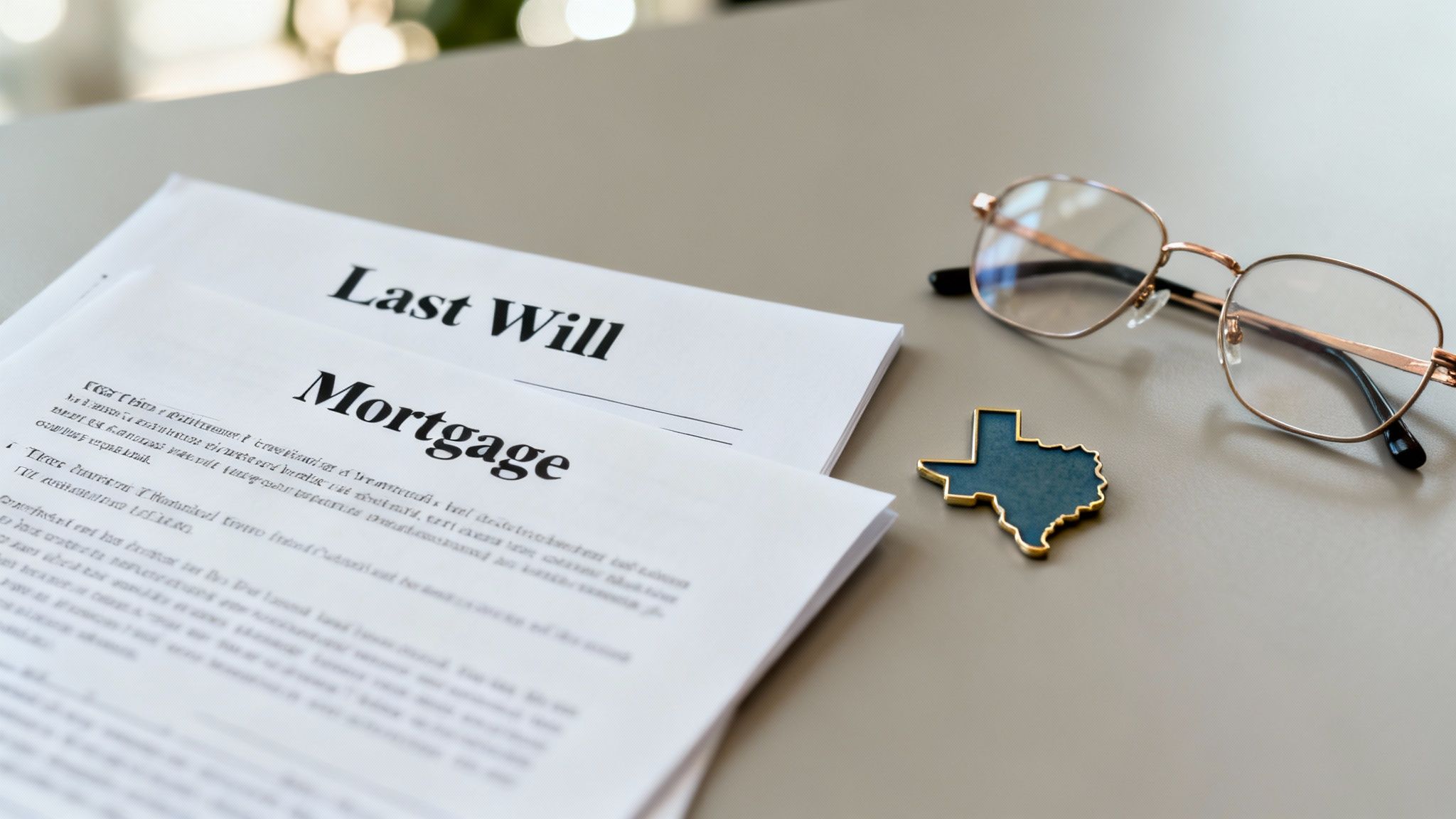 Documents for last will and mortgage, a Texas map, and reading glasses on a table.