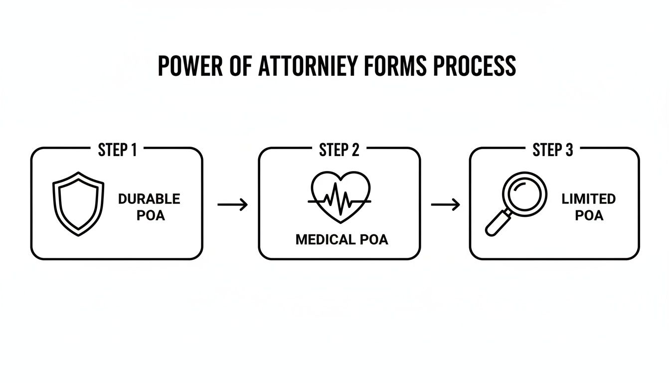 Flowchart illustrating the three-step Power of Attorney forms process: Durable, Medical, and Limited POA.