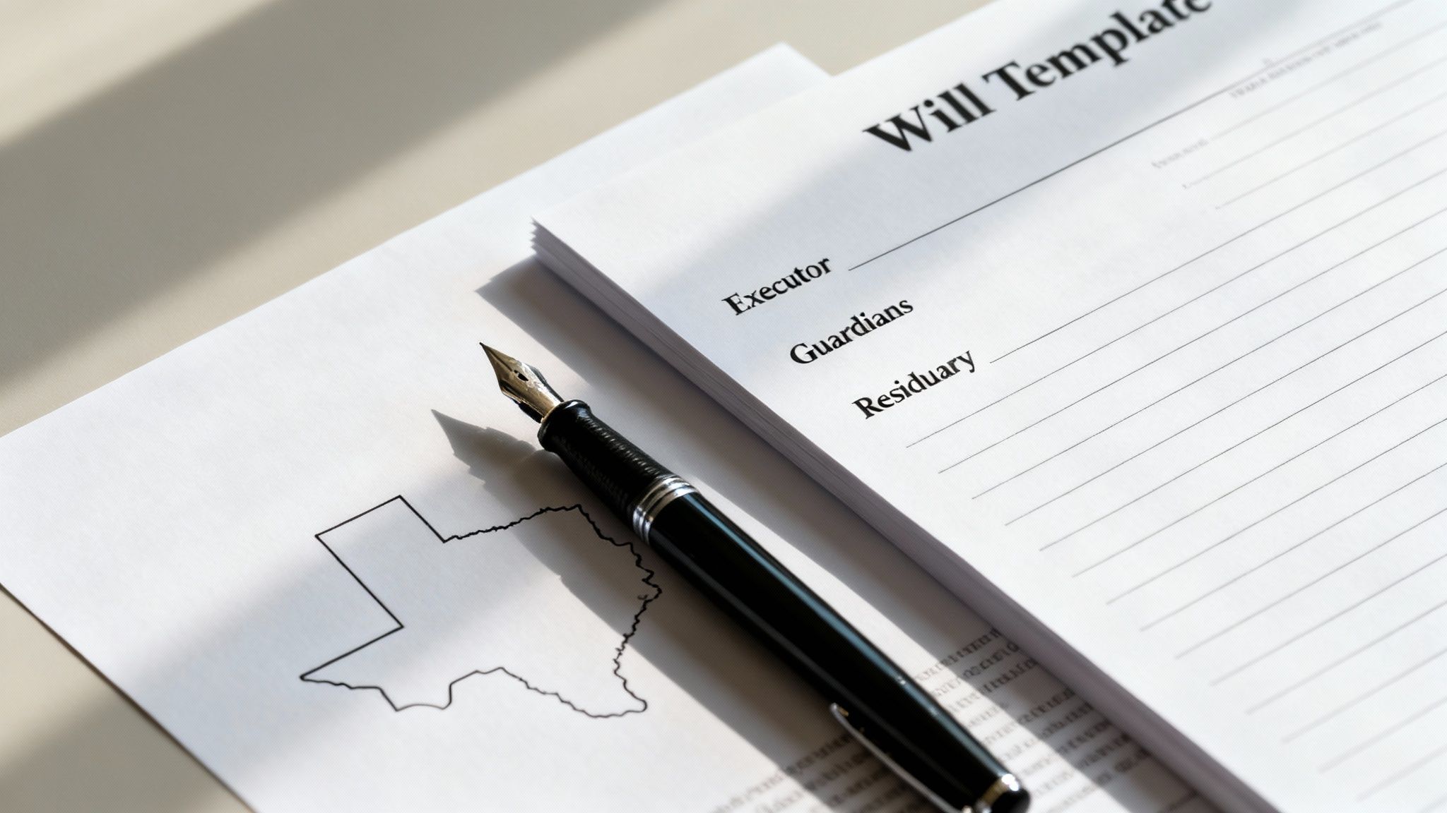 A will template document with a fountain pen and a map of Texas on a light surface.
