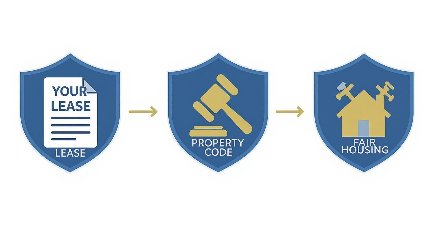 Visual representation of tenant rights in Texas, featuring icons for lease agreement, property code, and fair housing laws, symbolizing legal protection against landlord harassment.