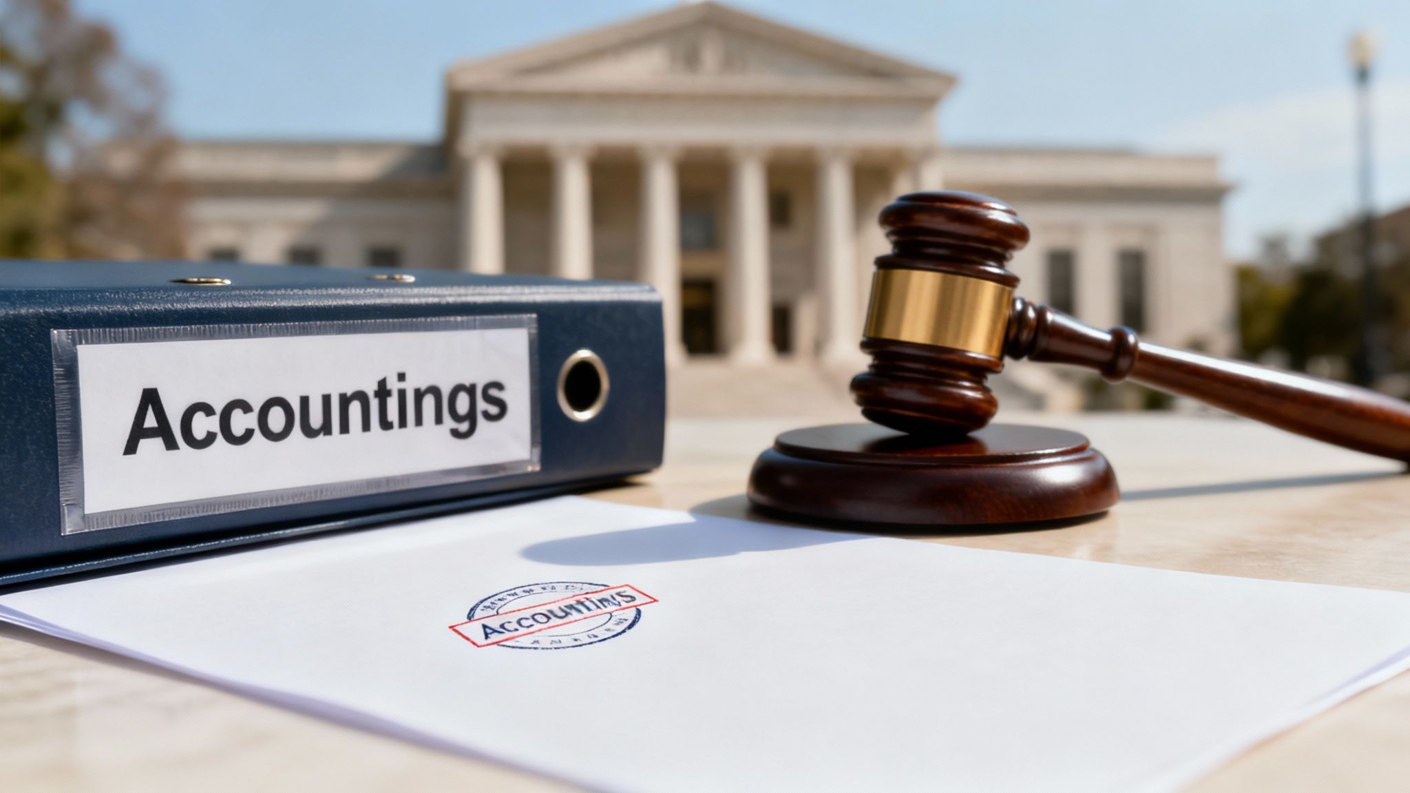 Accounting binder and judge gavel near courthouse representing estate executor legal and financial responsibilities