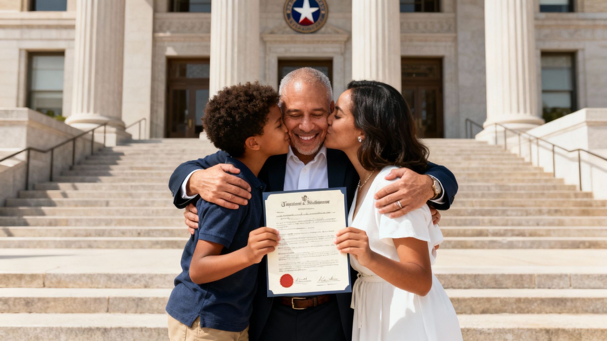 A diverse family celebrates on courthouse steps; son and wife kiss dad holding an adoption certificate.
