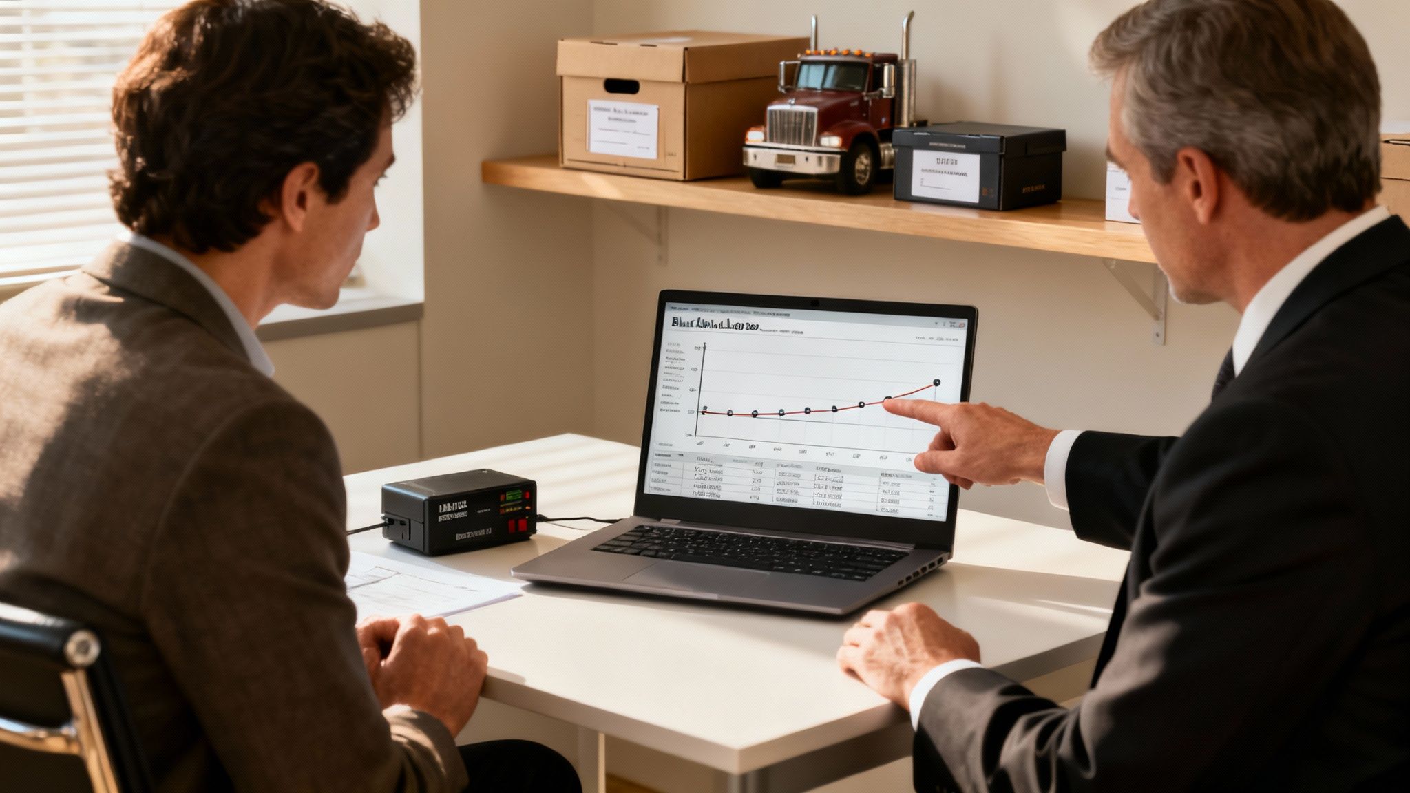 Two men in business suits review a data graph on a laptop, with one pointing at the screen.