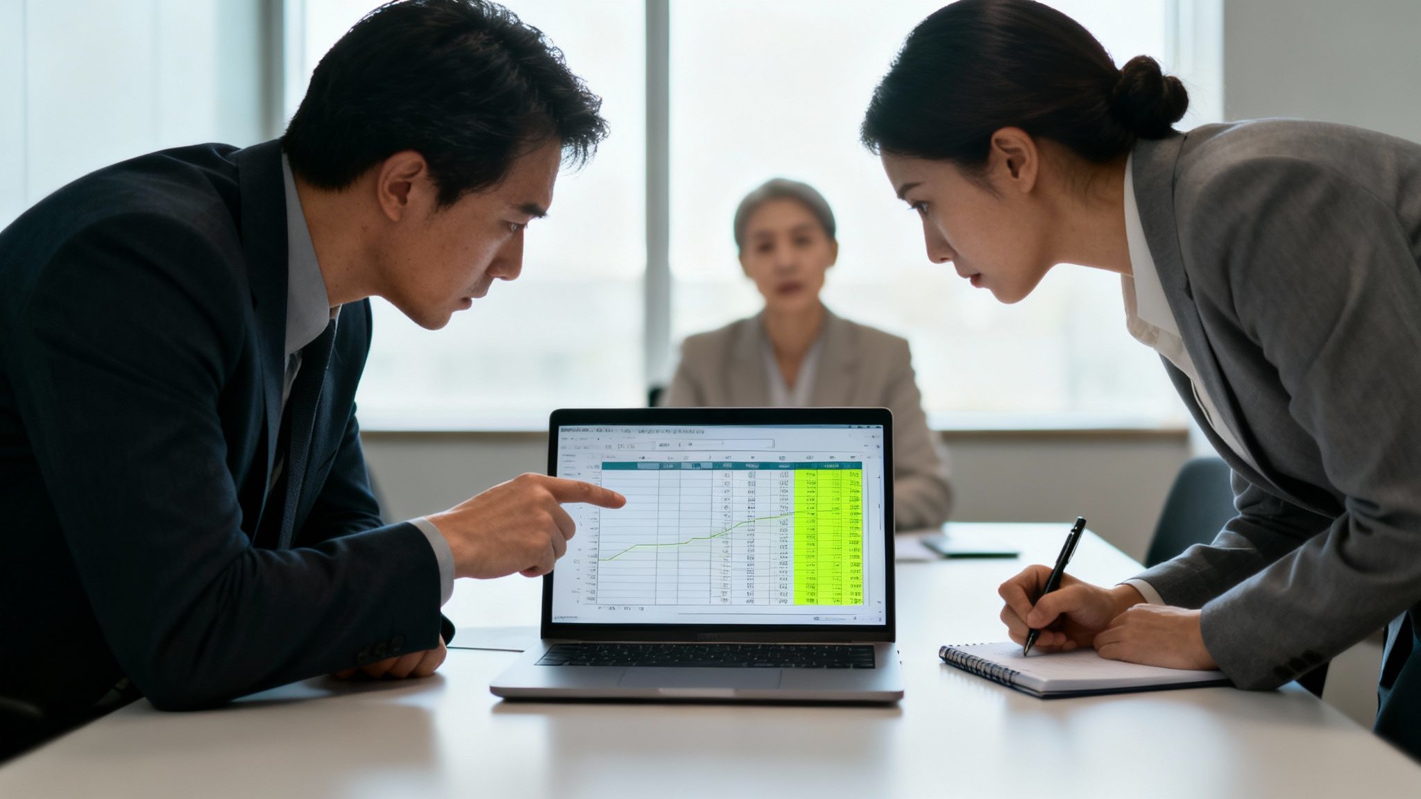 Two business professionals intently analyzing data on a laptop during a meeting, discussing information.